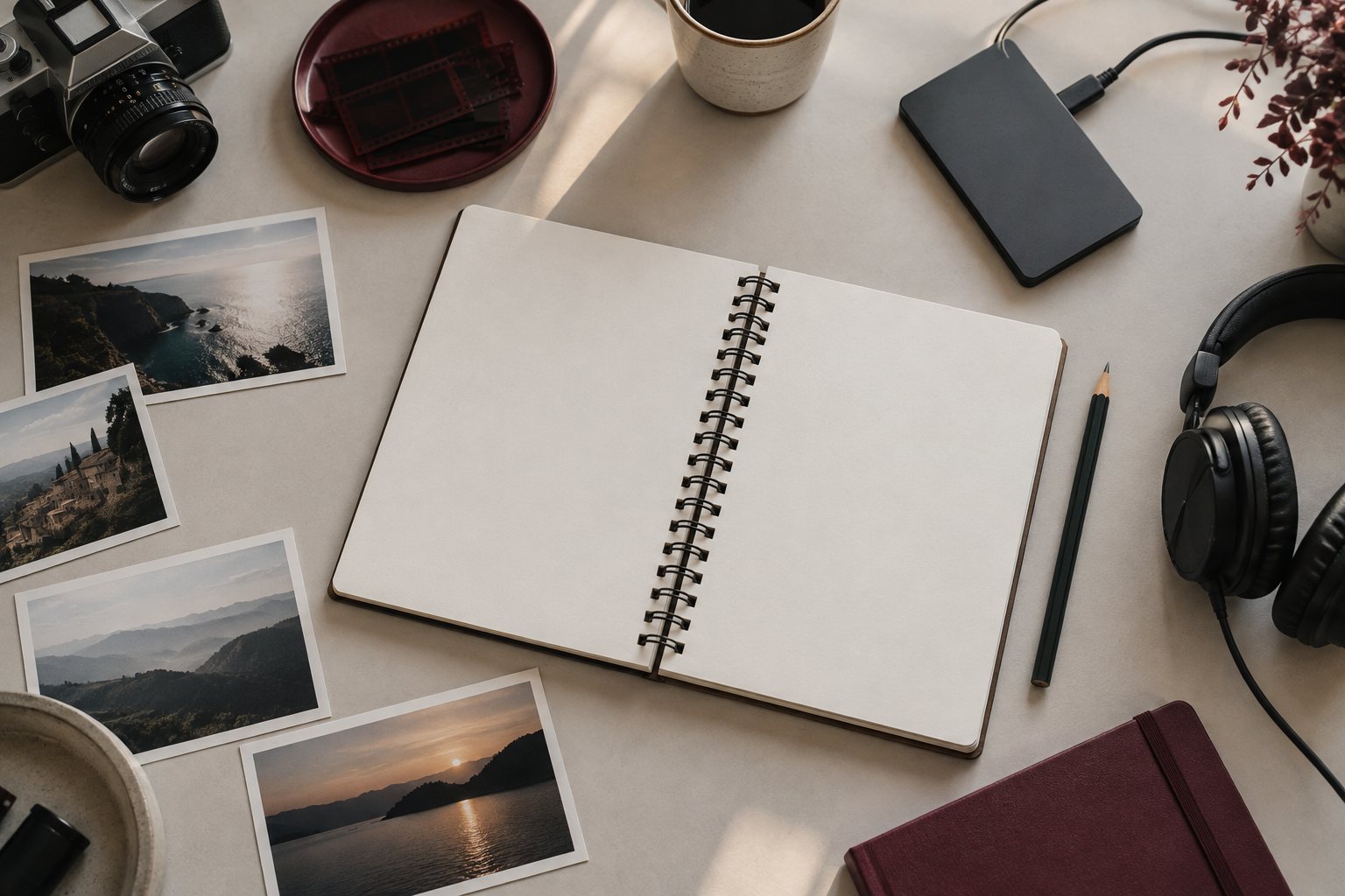 Illustration d’un bureau de préparation avec carnet et images de repérage